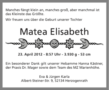 Glückwunschanzeige von Matea Elisabeth von Aachener Zeitung / Aachener Nachrichten
