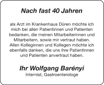 Glückwunschanzeige von Nach fast Wolfgang Barényi von Aachener Zeitung / Aachener Nachrichten