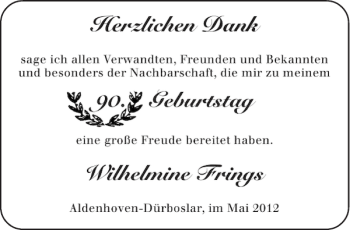Glückwunschanzeige von Wilhelmine Frings von Aachener Zeitung / Aachener Nachrichten