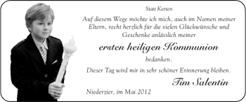 Glückwunschanzeige von ersten heiligen Kommunion Tim Salentin von Super Sonntag / Super Mittwoch