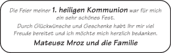 Glückwunschanzeige von heiligen Kommunion Mateusz Mroz und von Super Sonntag / Super Mittwoch