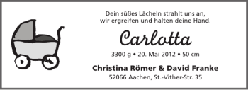 Glückwunschanzeige von Carlotta  von Aachener Zeitung / Aachener Nachrichten
