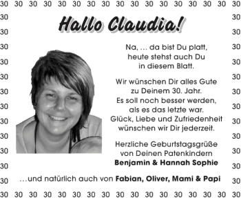 Glückwunschanzeige von Claudia  von Aachener Zeitung / Aachener Nachrichten