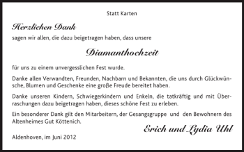 Glückwunschanzeige von Diamanthochzeit Erich und Lydia Uhl von Super Sonntag / Super Mittwoch