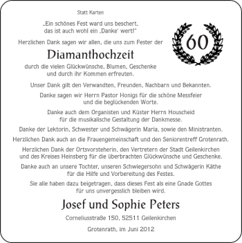 Glückwunschanzeige von Diamanthochzeit Josef und Sophie Peters von Super Sonntag / Super Mittwoch