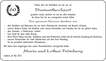 Glückwunschanzeige von Diamanthochzeit Maria und Lothar Frömberg von Super Sonntag / Super Mittwoch