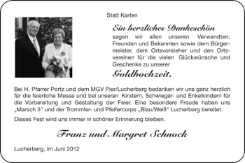 Glückwunschanzeige von Goldhochzeit. Franz und Margret Schnock von Super Sonntag / Super Mittwoch