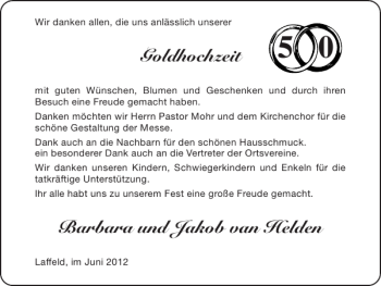 Glückwunschanzeige von Goldhochzeit Barbara und Jakob van Helden  von Super Sonntag / Super Mittwoch
