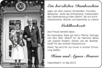 Glückwunschanzeige von Goldhochzeit Hans und Agnes Meurer von Super Sonntag / Super Mittwoch