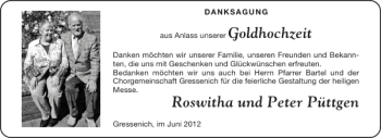 Glückwunschanzeige von Goldhochzeit Roswitha und Peter Püttgen von Aachener Zeitung / Aachener Nachrichten