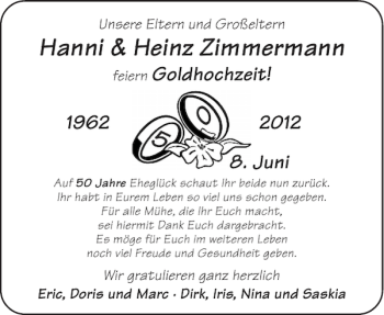 Glückwunschanzeige von Hanni Heinz Zimmermann von Aachener Zeitung / Aachener Nachrichten