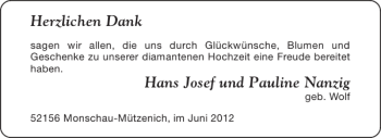 Glückwunschanzeige von Hans Josef und Pauline Nanzig von Aachener Zeitung / Aachener Nachrichten