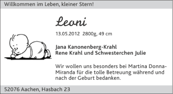 Glückwunschanzeige von Leoni  von Aachener Zeitung / Aachener Nachrichten