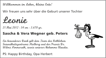 Glückwunschanzeige von Leonie  von Aachener Zeitung / Aachener Nachrichten