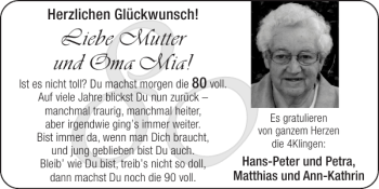 Glückwunschanzeige von Mutter und Oma Mia von Super Sonntag / Super Mittwoch