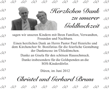 Glückwunschanzeige von zu unserer Goldhochzeit Christel und Gerhard Bruns  von Aachener Zeitung / Aachener Nachrichten