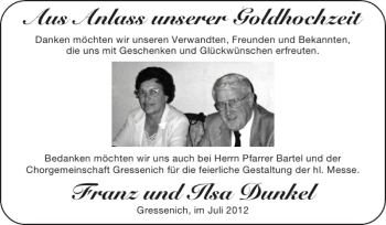Glückwunschanzeige von Anlass unserer Goldhochzeit Franz und Ilsa  von Super Sonntag / Super Mittwoch