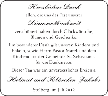 Glückwunschanzeige von Diamanthochzeit  von Super Sonntag / Super Mittwoch