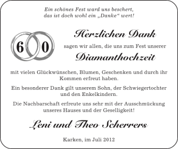 Glückwunschanzeige von Diamanthochzeit Leni und Theo Scherrers von Super Sonntag / Super Mittwoch