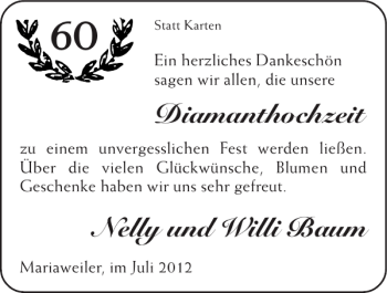 Glückwunschanzeige von Diamanthochzeit Nelly und Willi Baum von Super Sonntag / Super Mittwoch