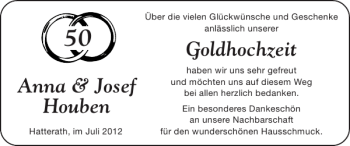 Glückwunschanzeige von Goldhochzeit Anna Josef Houben von Super Sonntag / Super Mittwoch