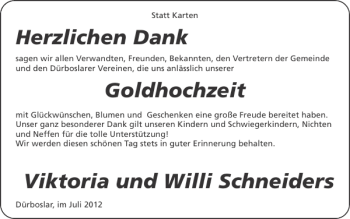 Glückwunschanzeige von Goldhochzeit Viktoria und Willi Schneiders von Super Sonntag / Super Mittwoch
