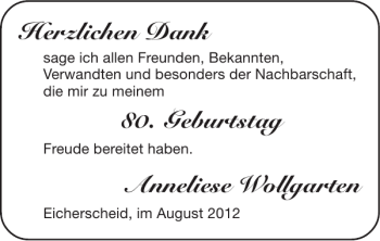 Glückwunschanzeige von Anneliese Wollgarten von Super Sonntag / Super Mittwoch