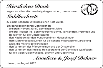 Glückwunschanzeige von Goldhochzeit Anneliese Josef Dehner von Super Sonntag / Super Mittwoch