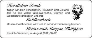 Glückwunschanzeige von Goldhochzeit Heinz und Margot Philippen von Super Sonntag / Super Mittwoch
