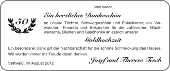 Glückwunschanzeige von Goldhochzeit Josef und Therese Tesch von Super Sonntag / Super Mittwoch