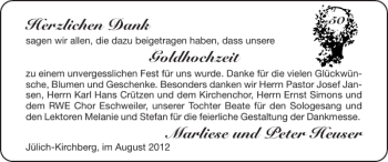 Glückwunschanzeige von Goldhochzeit Marliese und Peter Heuser von Super Sonntag / Super Mittwoch