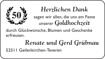 Glückwunschanzeige von Goldhochzeit Renate und Gerd Grübnau von Super Sonntag / Super Mittwoch