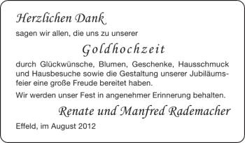 Glückwunschanzeige von Goldhochzeit Renate und Manfred Rademacher von Super Sonntag / Super Mittwoch