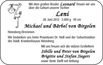 Glückwunschanzeige von Leni Leni von Super Sonntag / Super Mittwoch