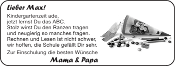 Glückwunschanzeige von Max Mama Papa von Super Sonntag / Super Mittwoch