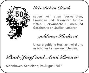 Glückwunschanzeige von Paul-Josef und Anni Breuer von Aachener Zeitung / Aachener Nachrichten