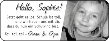 Glückwunschanzeige von Sophie  von Super Sonntag / Super Mittwoch