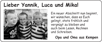 Glückwunschanzeige von Yannik Luca und Mika von Super Sonntag / Super Mittwoch