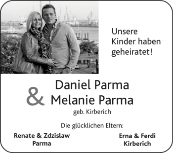 Glückwunschanzeige von Daniel Parma und Melanie Parma von Super Sonntag / Super Mittwoch