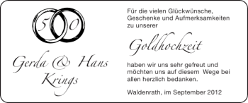 Glückwunschanzeige von Gerda Hans Krings Goldhochzeit von Super Sonntag / Super Mittwoch