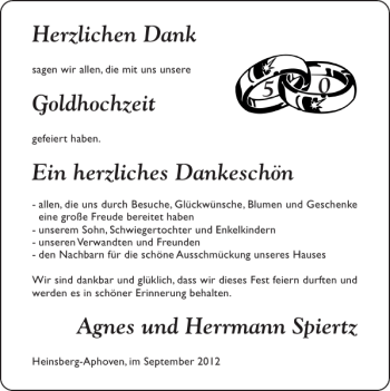 Glückwunschanzeige von Goldhochzeit Agnes und Herrmann Spiertz von Super Sonntag / Super Mittwoch