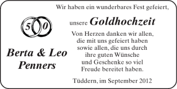Glückwunschanzeige von Goldhochzeit Berta Leo Penners von Super Sonntag / Super Mittwoch