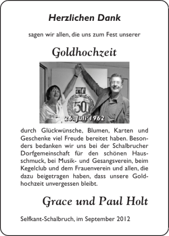 Glückwunschanzeige von Goldhochzeit Grace und Paul Holt von Super Sonntag / Super Mittwoch
