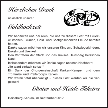 Glückwunschanzeige von Goldhochzeit Günter und Heide Tekstra von Super Sonntag / Super Mittwoch