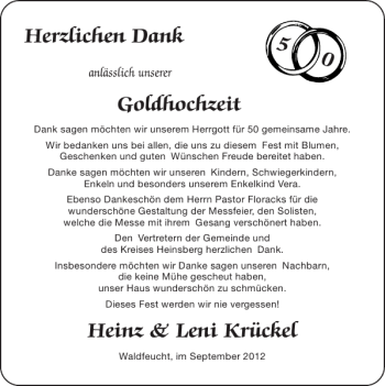 Glückwunschanzeige von Goldhochzeit Heinz Leni Krückel von Super Sonntag / Super Mittwoch
