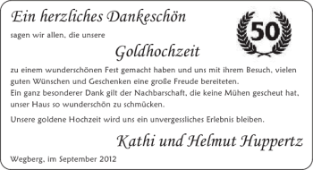 Glückwunschanzeige von Goldhochzeit Kathi und Helmut Huppertz von Super Sonntag / Super Mittwoch
