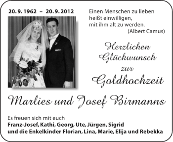 Glückwunschanzeige von Goldhochzeit Marlies und Josef Birmanns von Aachener Zeitung / Aachener Nachrichten