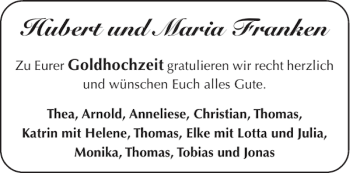 Glückwunschanzeige von Hubert und Maria Franken von Aachener Zeitung / Aachener Nachrichten