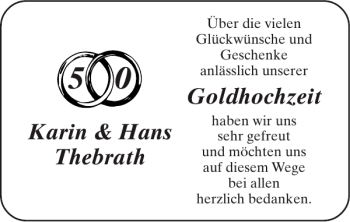 Glückwunschanzeige von Karin Hans Thebrath Goldhochzeit von Super Sonntag / Super Mittwoch