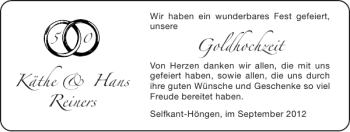 Glückwunschanzeige von Käthe Hans Reiners Goldhochzeit von Super Sonntag / Super Mittwoch